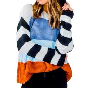 ZESICA Long Sleeve Crew Neck Striped Color Block Knit Pullover Sweater - Small